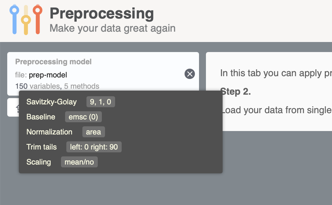 Screenshot with preprocessing model loaded to mda.tools/prep